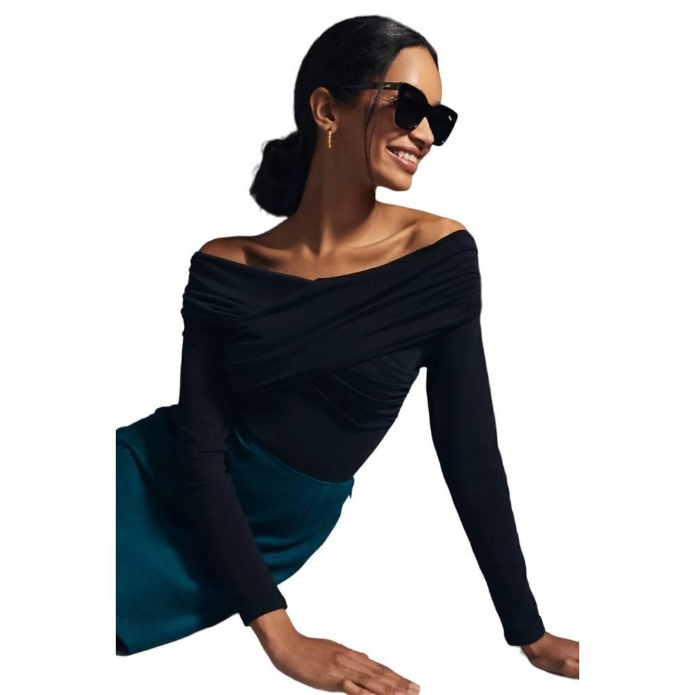 NWT Anthropologie Maeve Black Long Sleeve Black Off Shoulder Top XXS